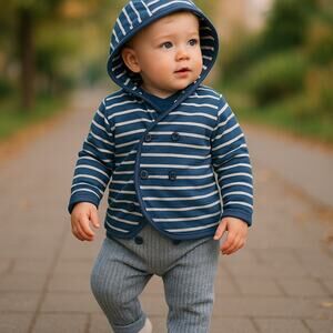 Little Shrimp Boys Jacket Size 18-24 Mo Blue Navy Gray Striped Wrap Style Hoodie